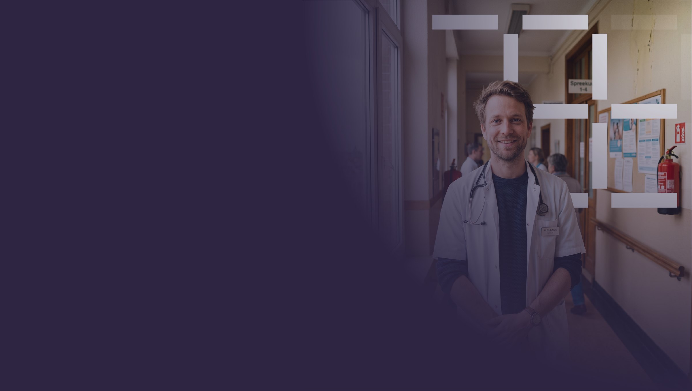 A doctor in a hospital corridor, with colleagues talking in the background
